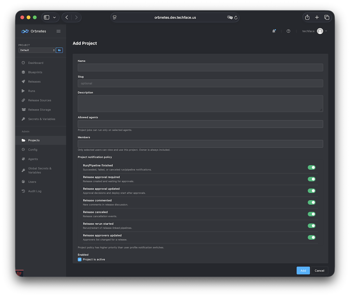 Create project screen